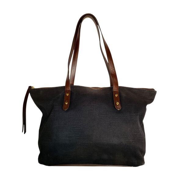 Vintage Fossil Canvas & Leather Hobo Tote Black/ Brown Key Bag Charm 16" - Picture 3 of 7